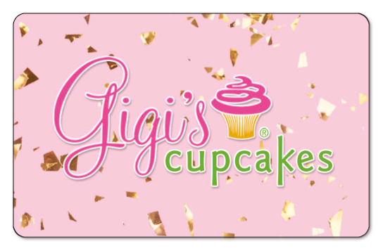 Gigi's cupcakes logo over pink background with gold confetti