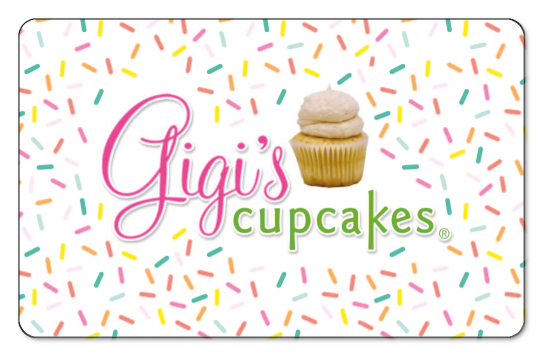 Gigi'd cupcakes logo over white background with sprinkles